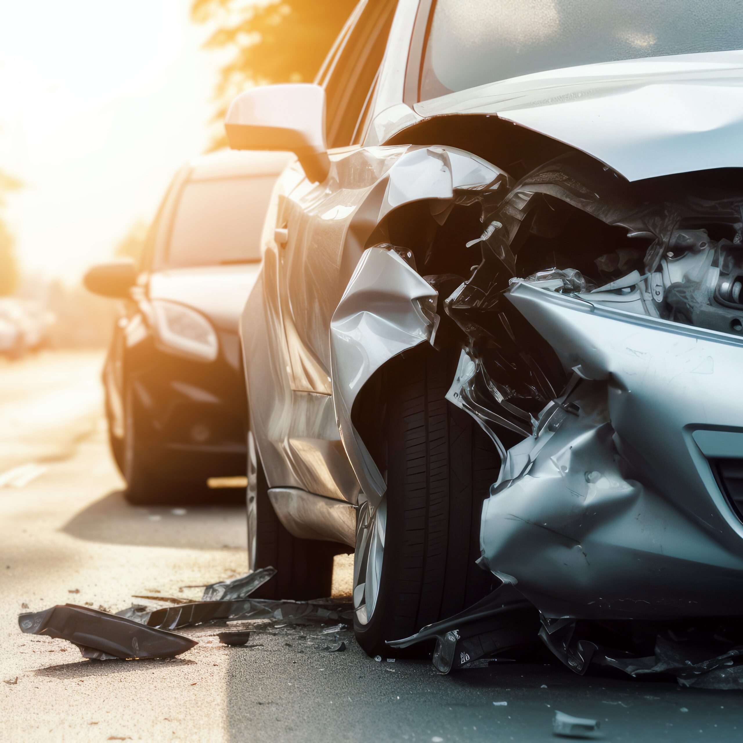 Front of a silver sedan that has recently been in a collision with another vehicle, which is visible behind it. The car has sustained damage to the right passenger tire and front grille.